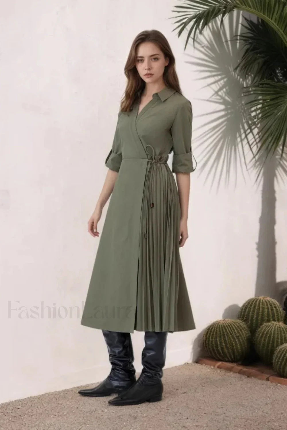 V-Neck Long Sleeve Lace-Up Pleated Maxi Dress