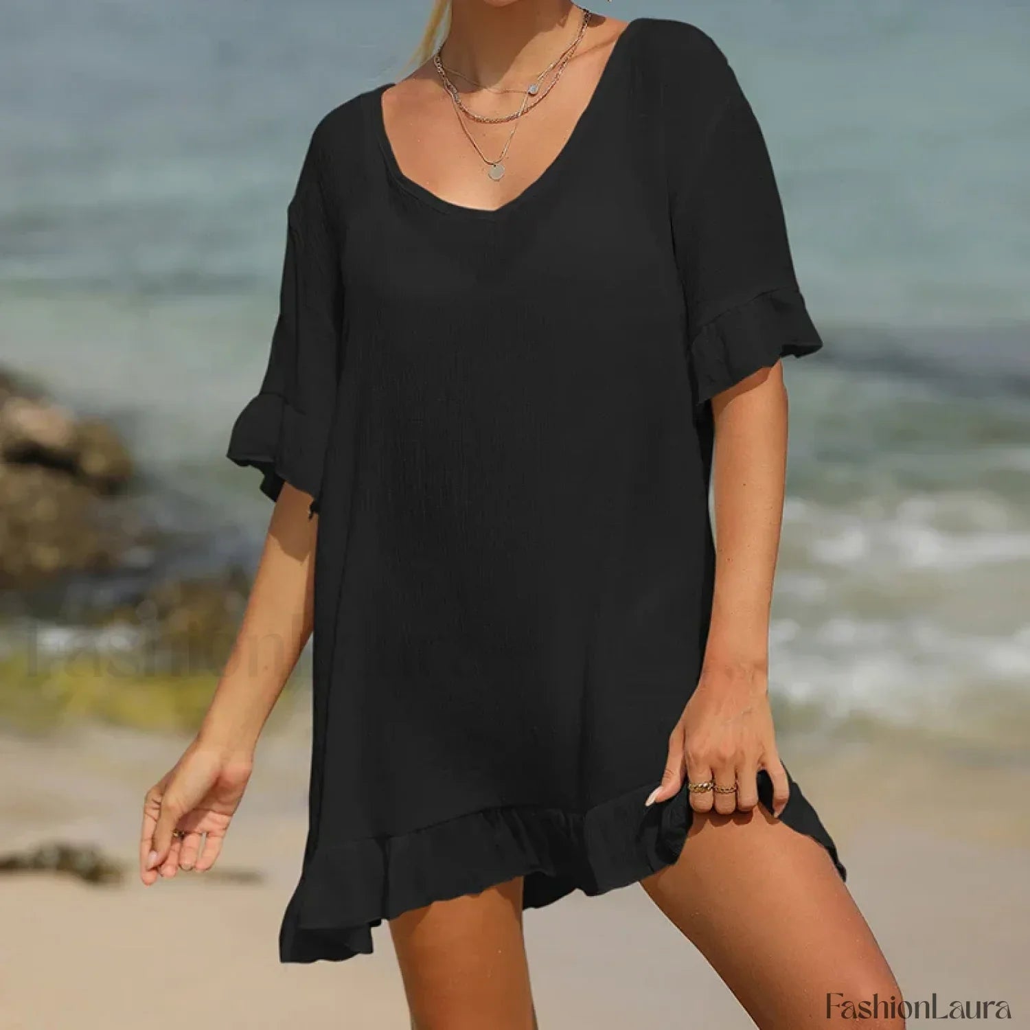 V-Neck Lotus Leaf Swing Cover Up