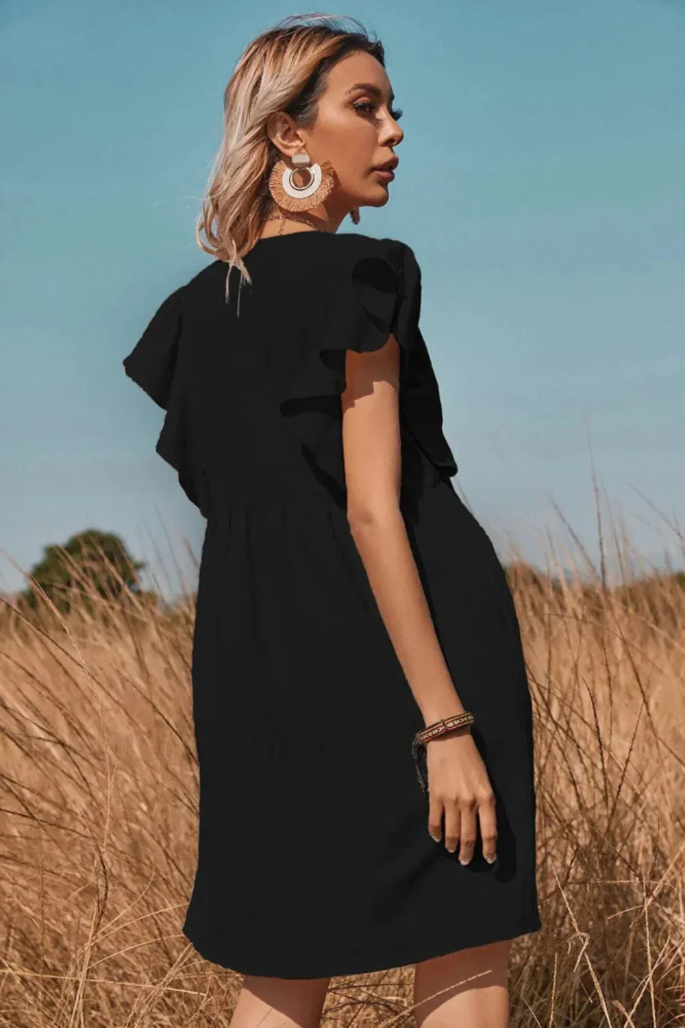 V-Neck One-Row Button Flared Pastoral Mini Dress