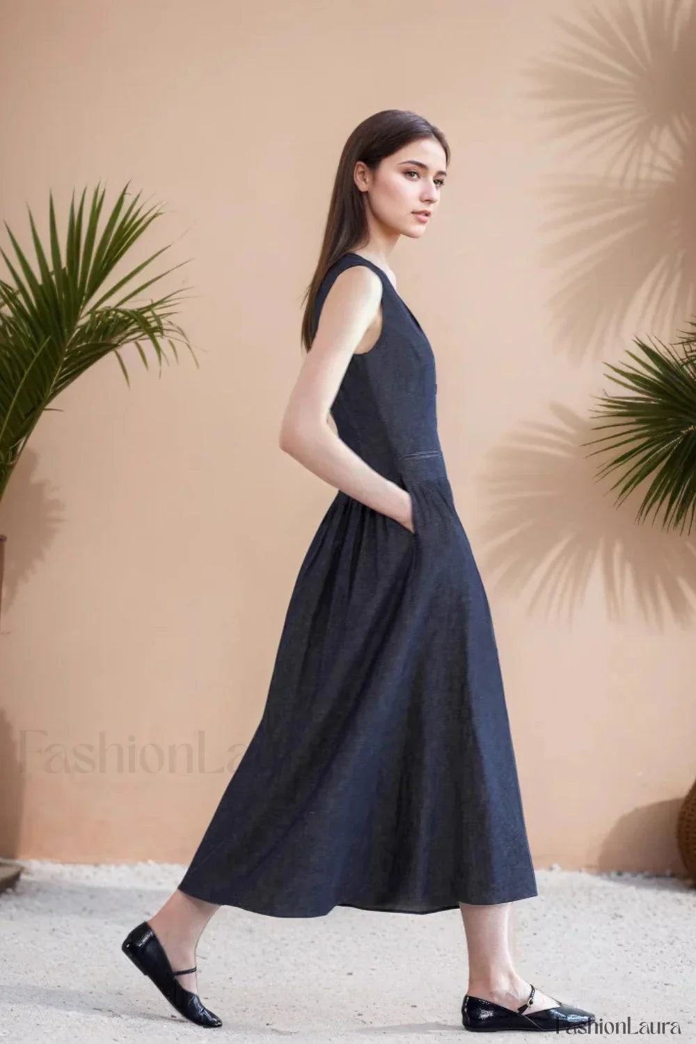 V-Neck Pocket Loose Sleeveless Casual Maxi Dress