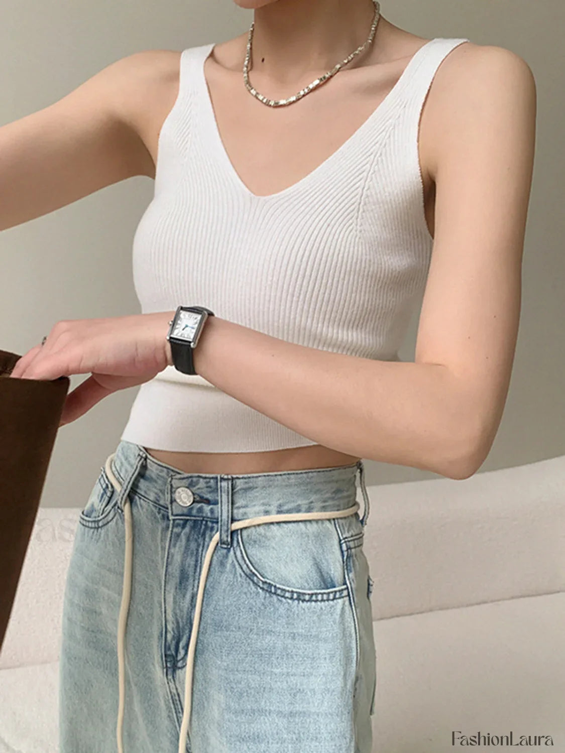 v-neck rib Graceful tank top