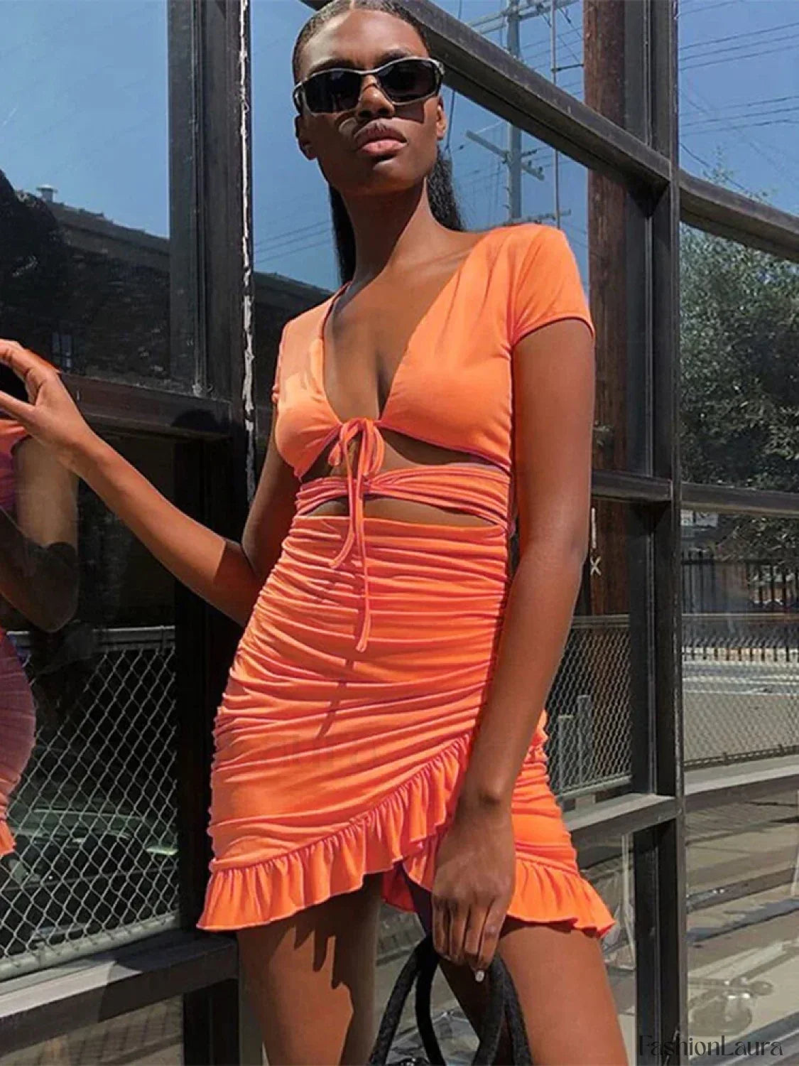 V-Neck Ruched Hollow Mini Dress