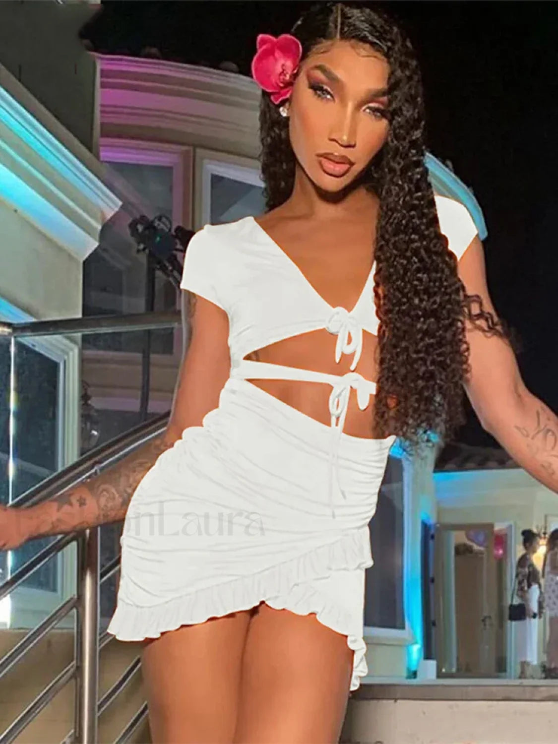 V-Neck Ruched Hollow Mini Dress