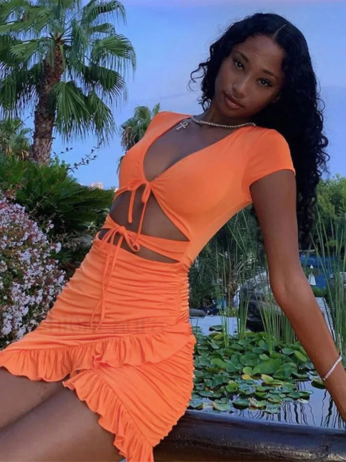 V-Neck Ruched Hollow Mini Dress