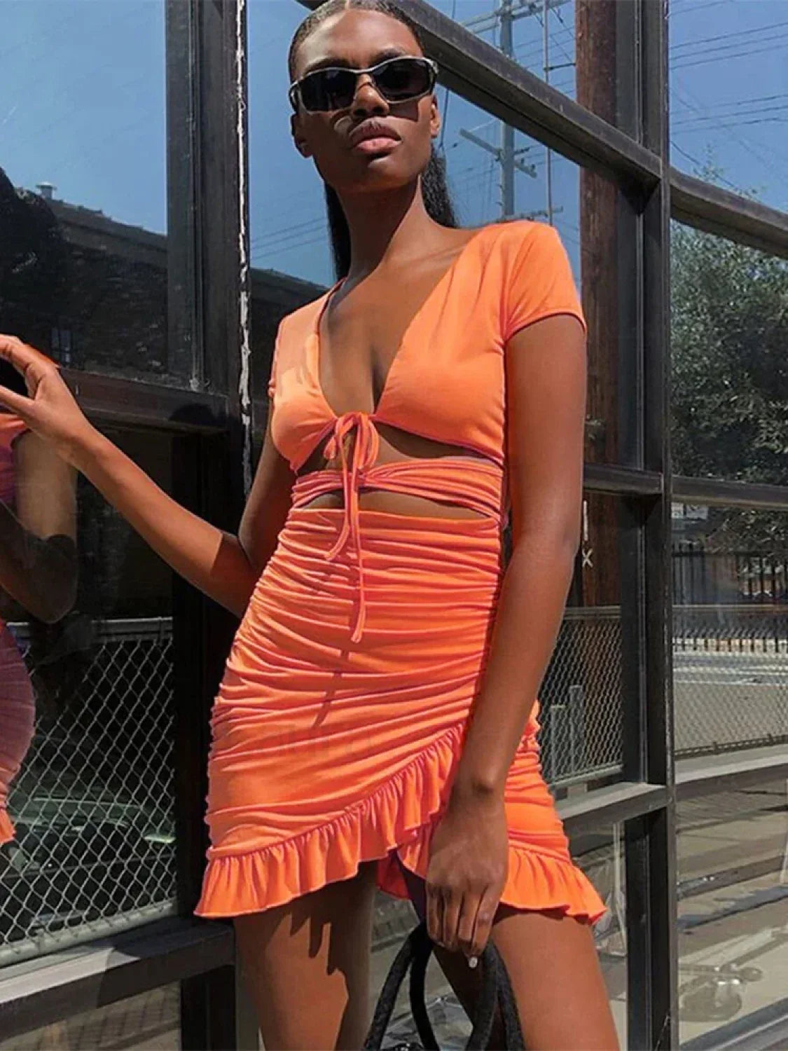 V-Neck Ruched Hollow Mini Dress