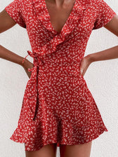 V neck Ruffled Lace up A line Dress 2