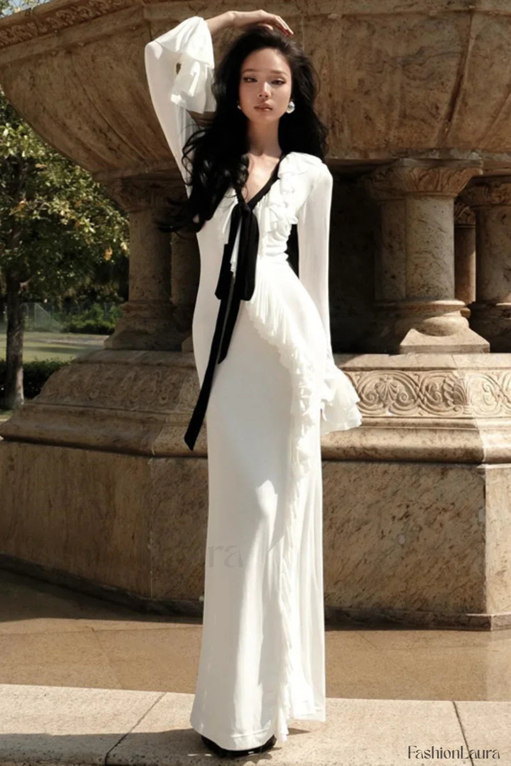 V-Neck Ruffled Split Long Sleeve Maxi Dress