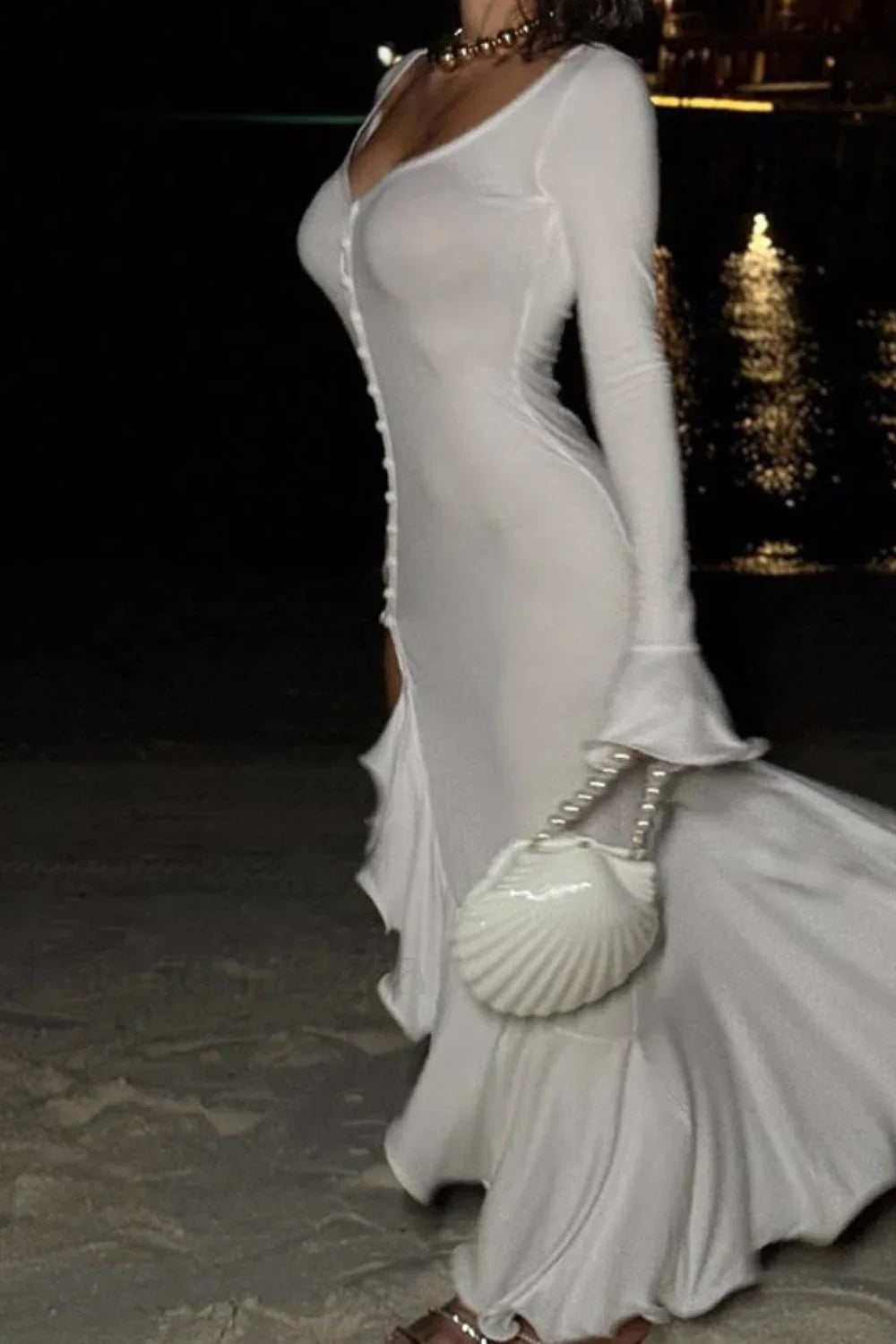 V-Neck Ruffled Split Maxi Dress