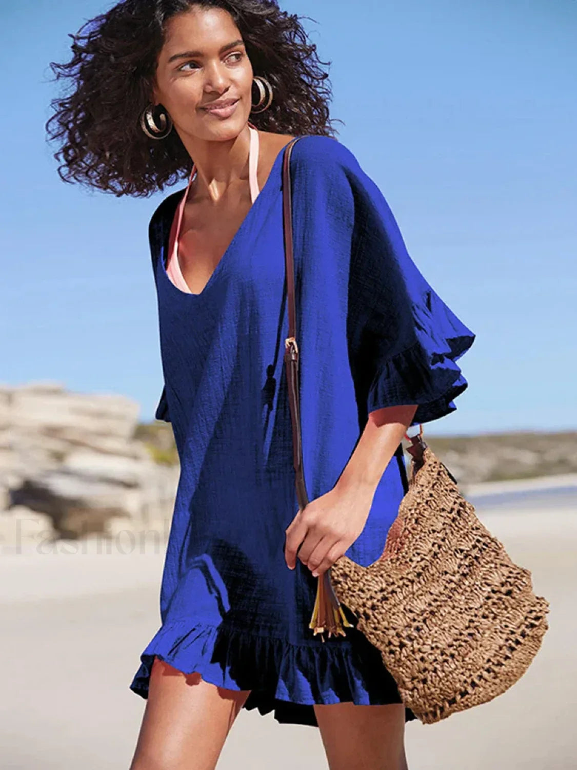 V-Neck See Through Ruffle Cover Up