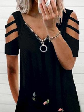 V neck Short Sleeve Casual Zipper Loose Dress