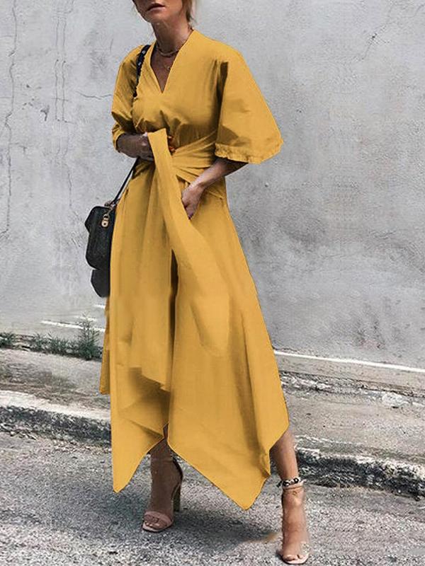 V Neck Short Sleeve Irregular Maxi Dress
