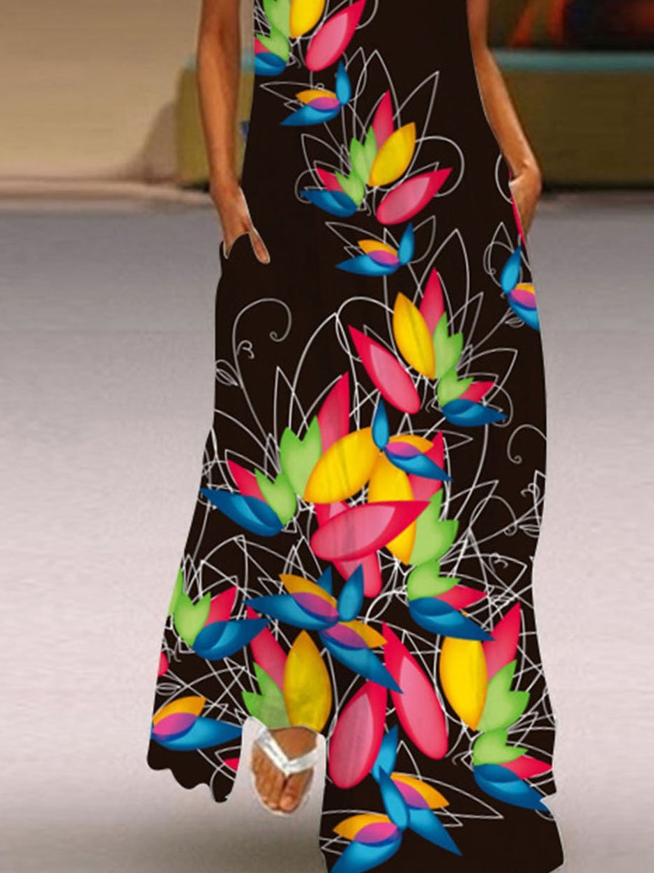V Neck Sleeveless Printed Casual Dress