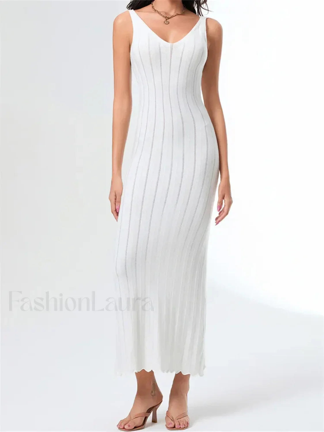 V Neck Strap Backless Knitted Maxi Dress white / S