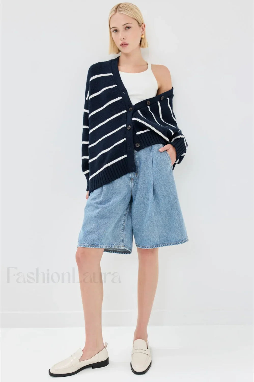 V-Neck Striped Cotton Sweater