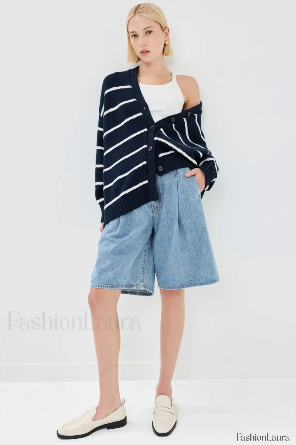 V-Neck Striped Cotton Sweater