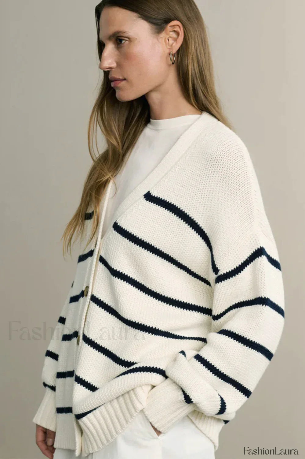 V-Neck Striped Cotton Sweater