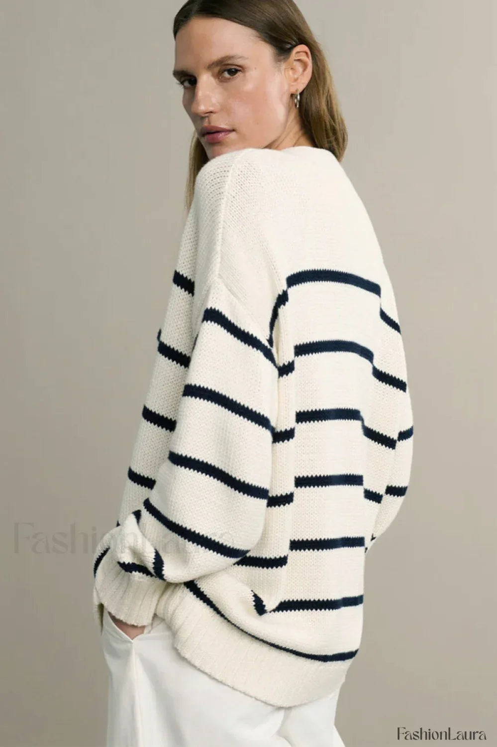 V-Neck Striped Cotton Sweater