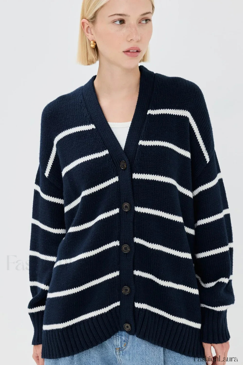 V-Neck Striped Cotton Sweater