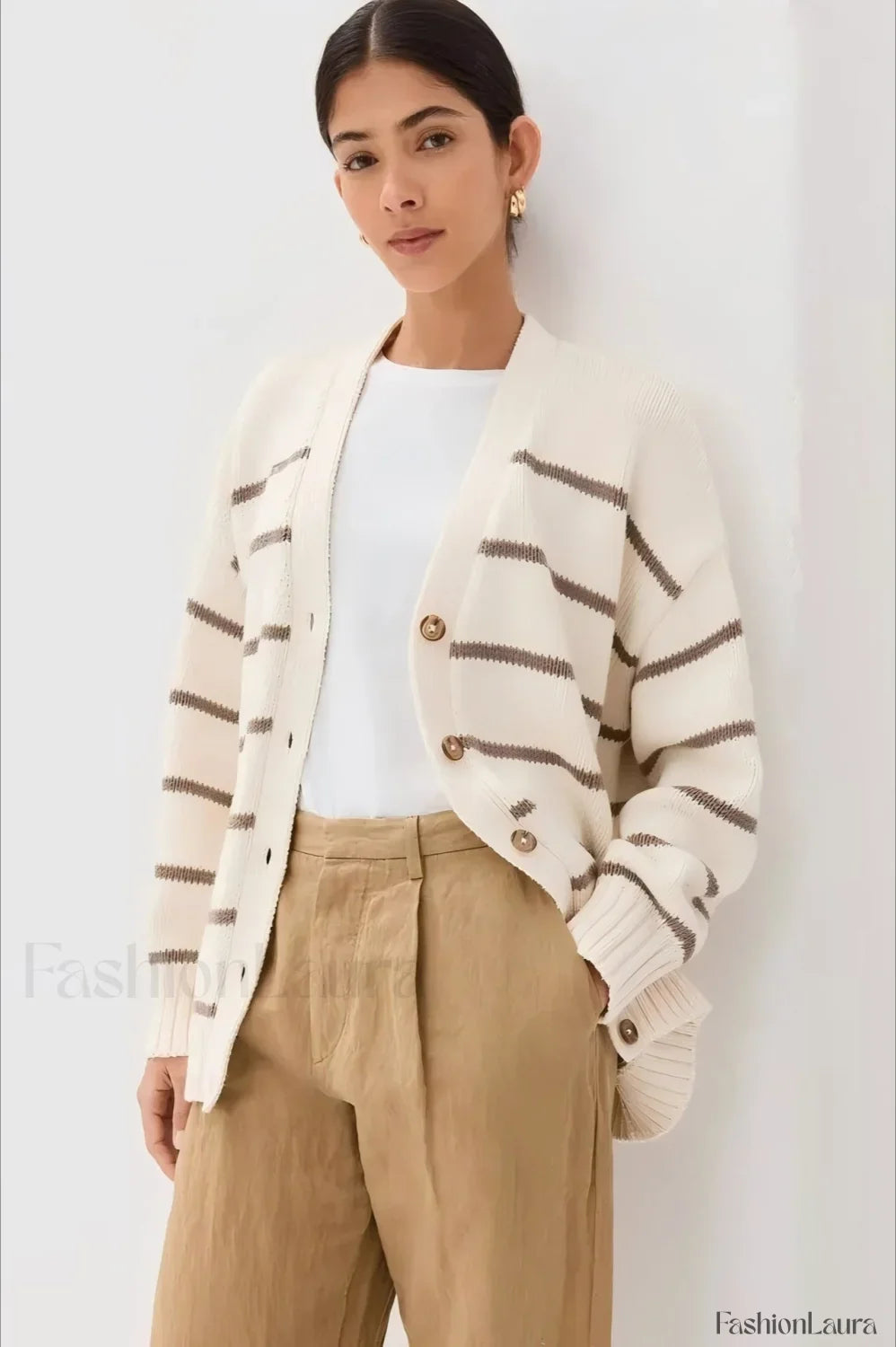 V-Neck Striped Cotton Sweater