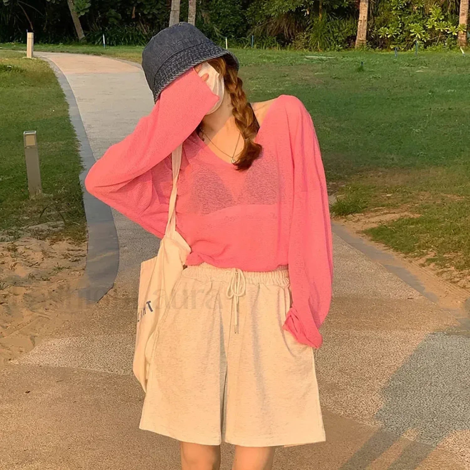 V-neck Sunscreen See Through Long Sleeve Cover Up