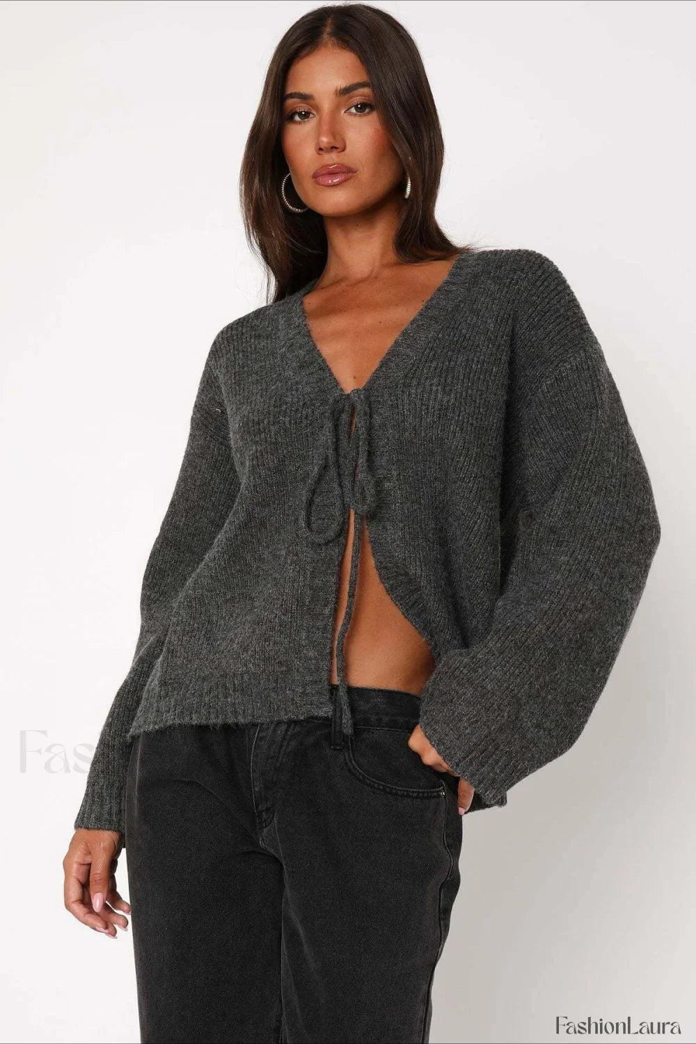 V-Neck Tie Front Knit Cardigan Sweater