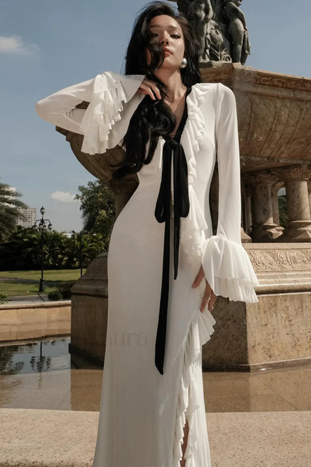 V-Neck Tie Ruffled Split Maxi Dress