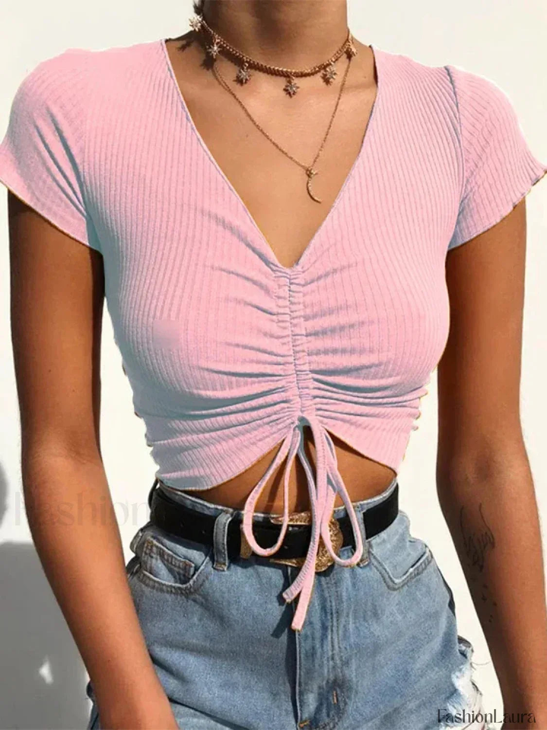 V Neck Tie Up Ribbed Crop Top