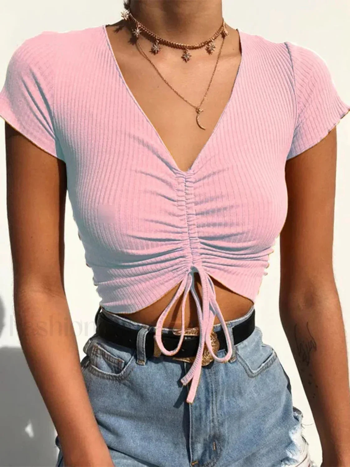 V Neck Tie Up Ribbed Crop Top Pink / S