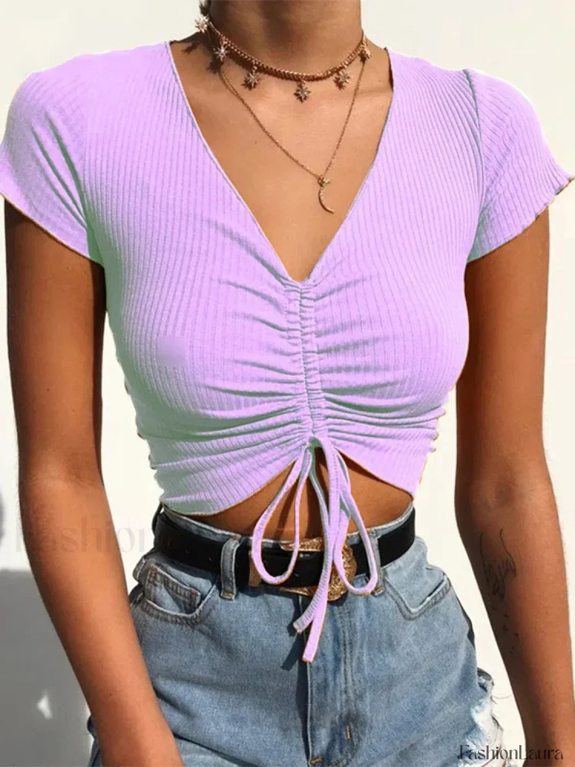 V Neck Tie Up Ribbed Crop Top