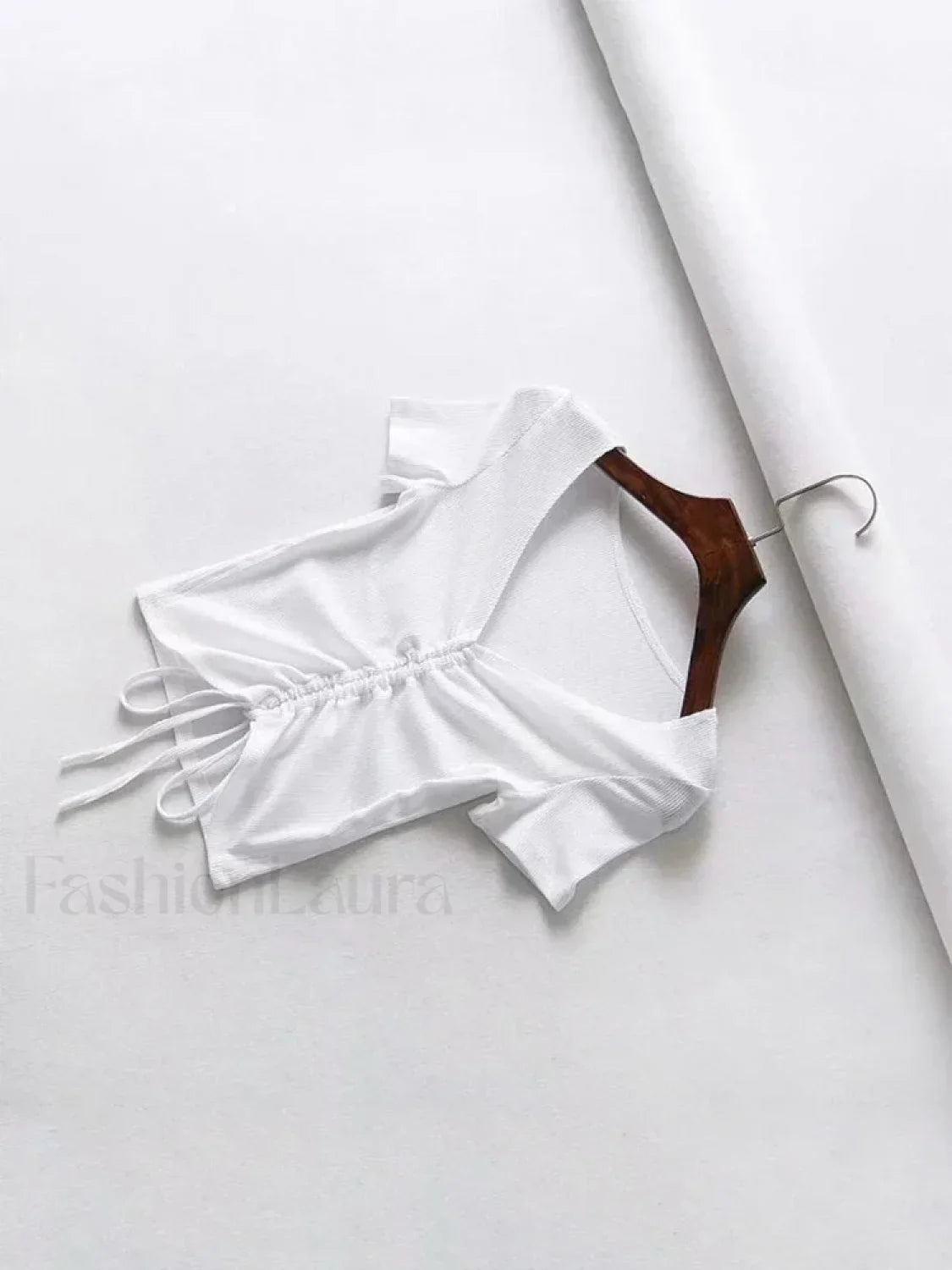 V Neck Tie Up Ribbed Crop Top WHITE / S