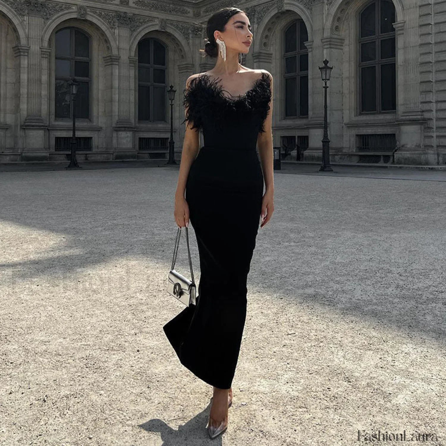 V-Neck Tube Top Fishtail Fluffy Maxi Dress