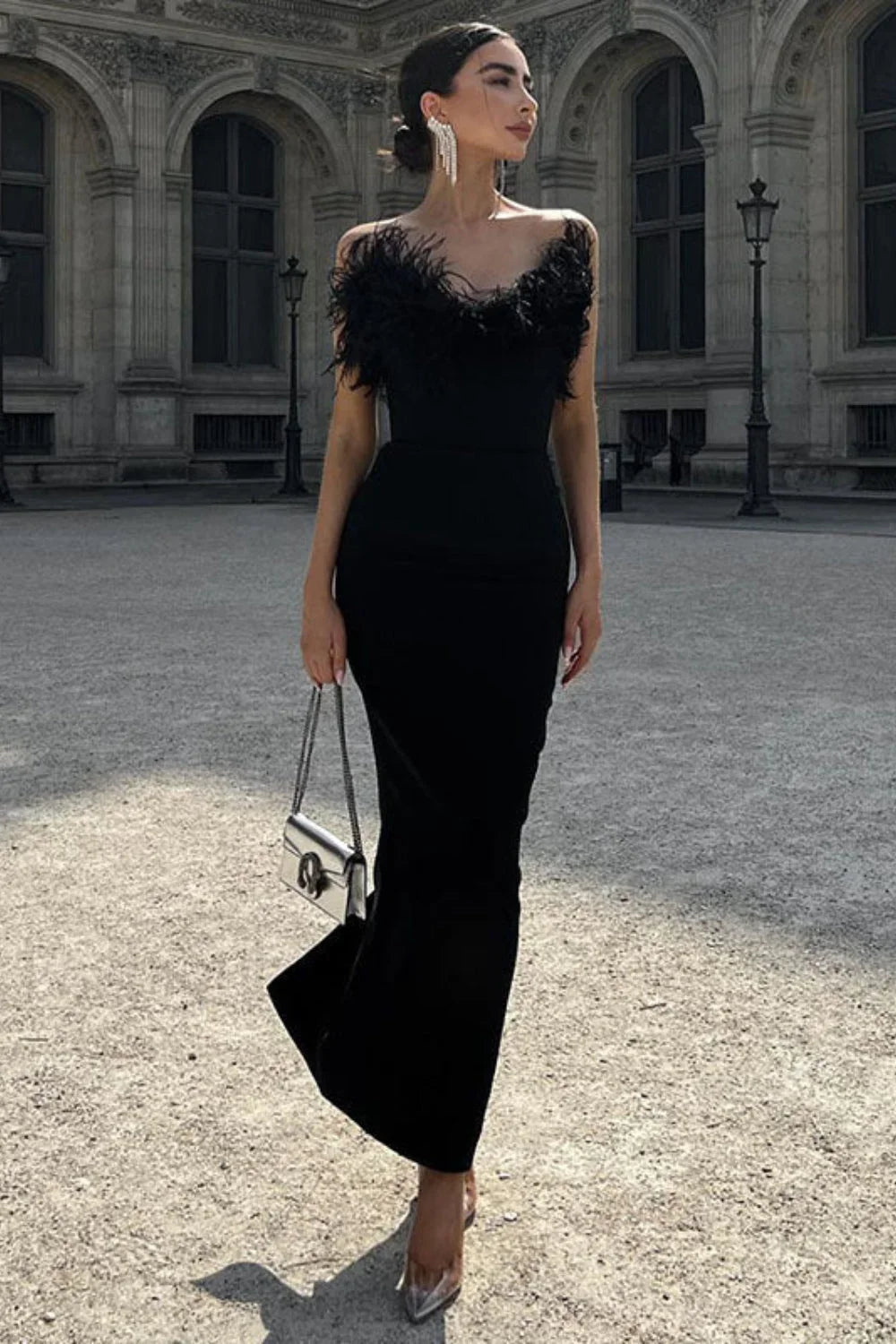 V-Neck Tube Top Fishtail Fluffy Maxi Dress