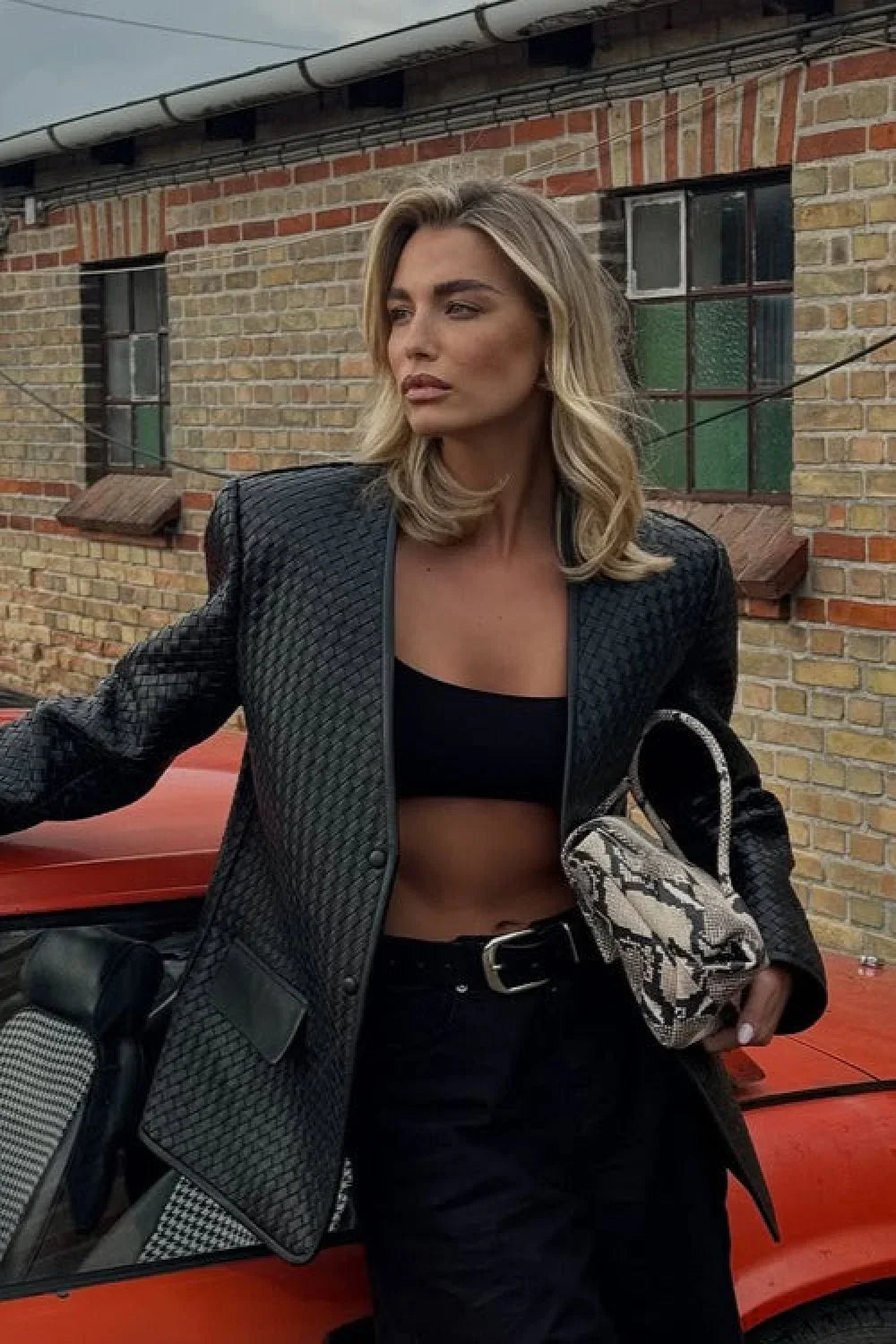 V-Neck Woven Leather Long Sleeve Jacket