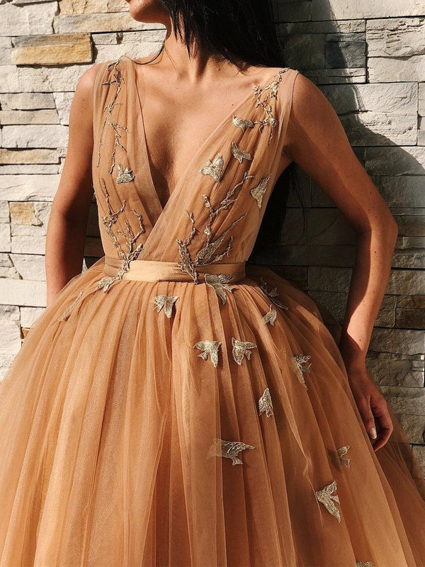 Lace Applique Tulle Plunge V-Neck Sleeveless Midi Prom Dress 4