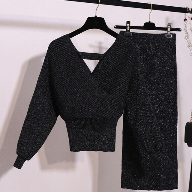 Batwing Sleeve Winter Skirt Sets