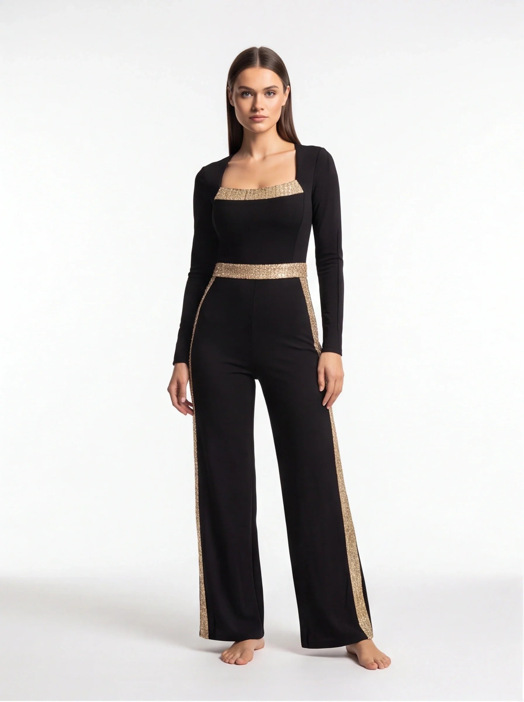 Elegant Gold Sequin Jumpsuit with Flattering Fit and Adjustable Straps