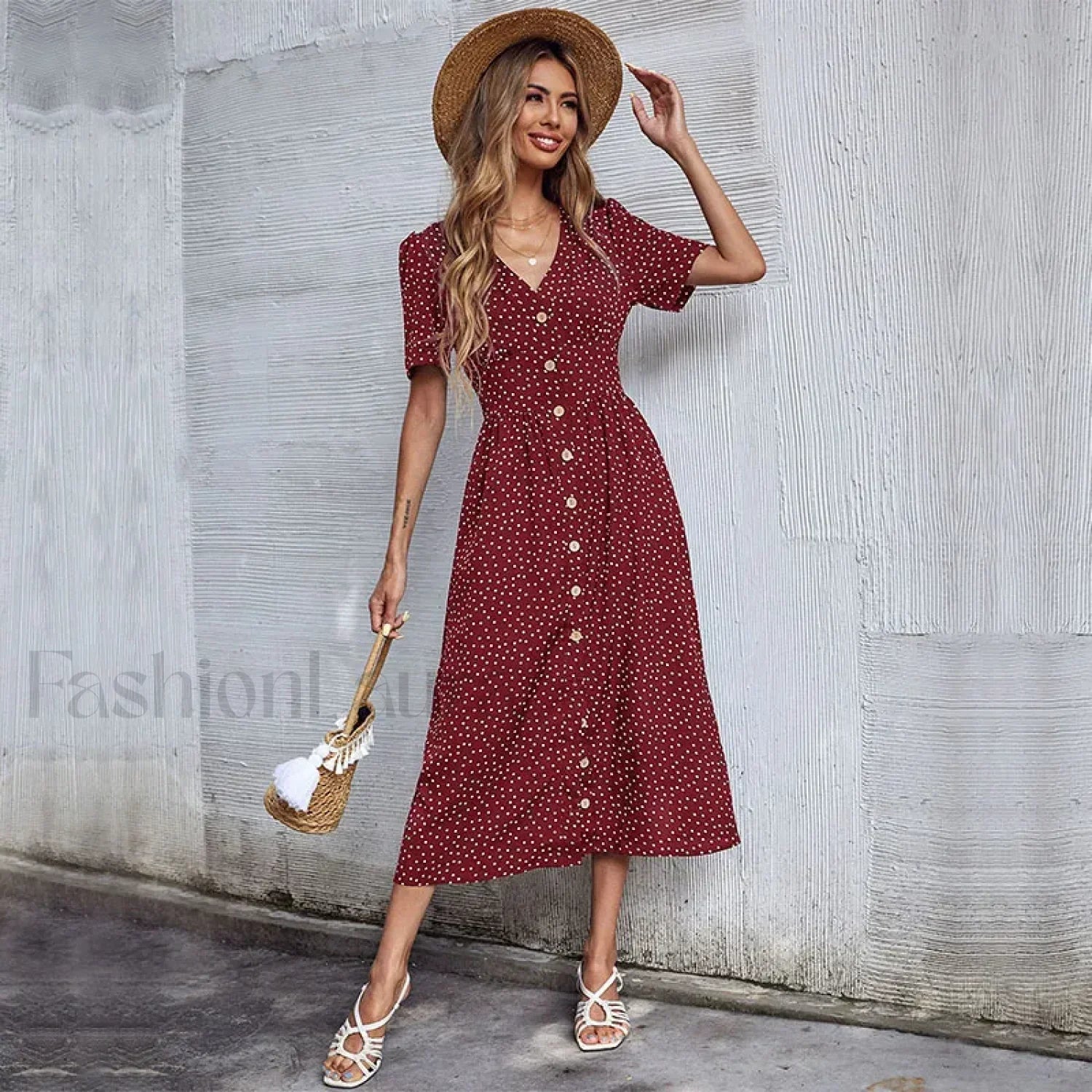 Vacation Chic Single breasted Cardigan V neck Short Sleeve Hem Slit Retro Dot Midi Dress Burgundy / S