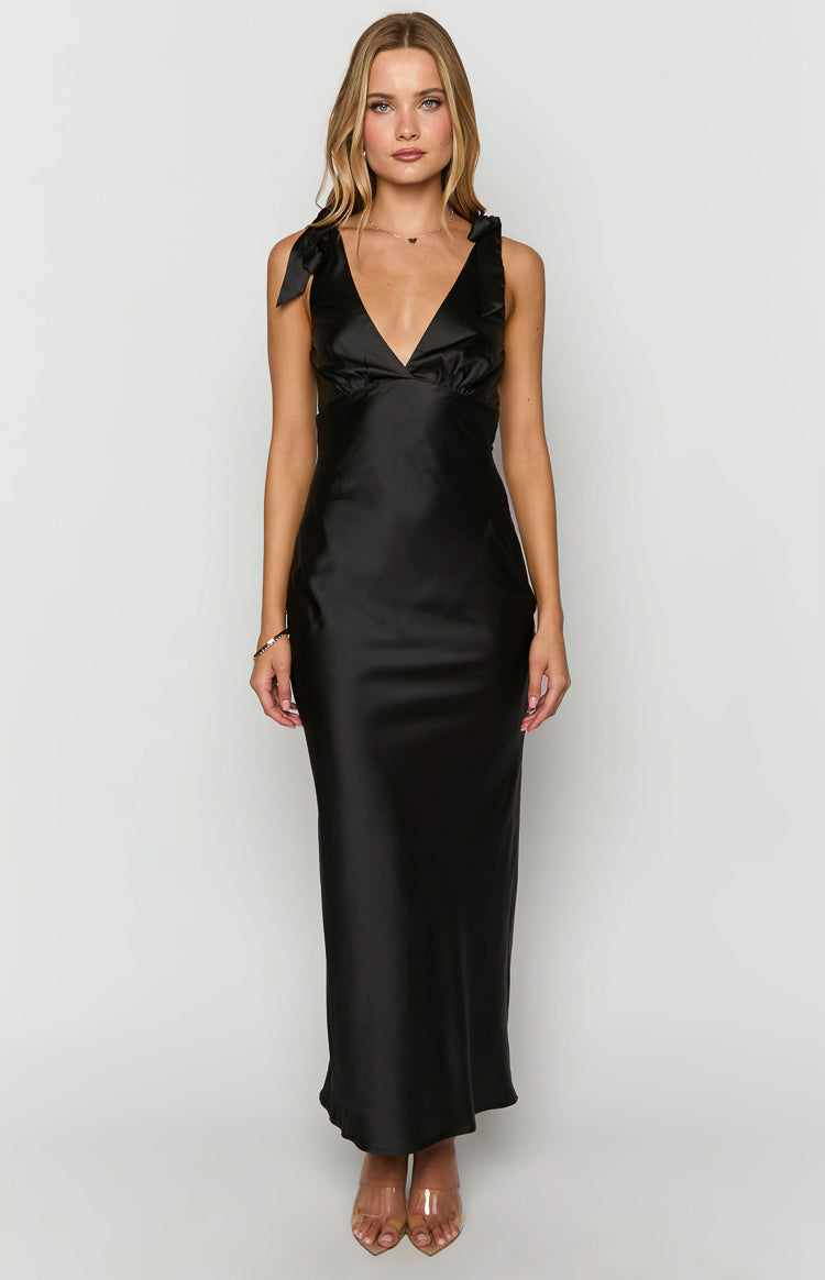 Satin V-Neck Bow Tie Shoulder Empire Waist Maxi Dress 2