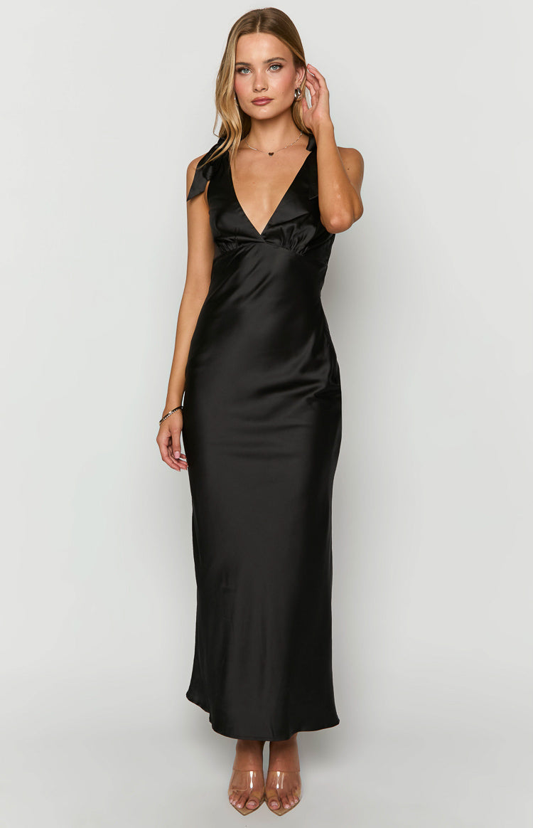 Satin V-Neck Bow Tie Shoulder Empire Waist Maxi Dress 3