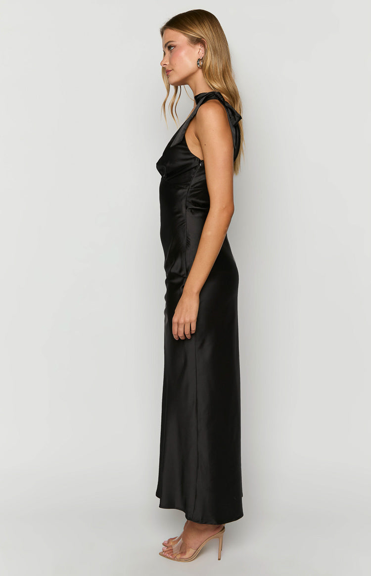 Satin V-Neck Bow Tie Shoulder Empire Waist Maxi Dress 4