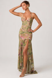 Floral Mesh Corset High Split Maxi Dress 5