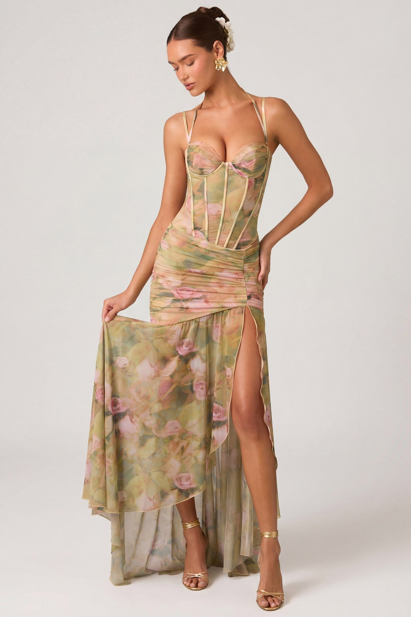 Floral Mesh Corset High Split Maxi Dress 6