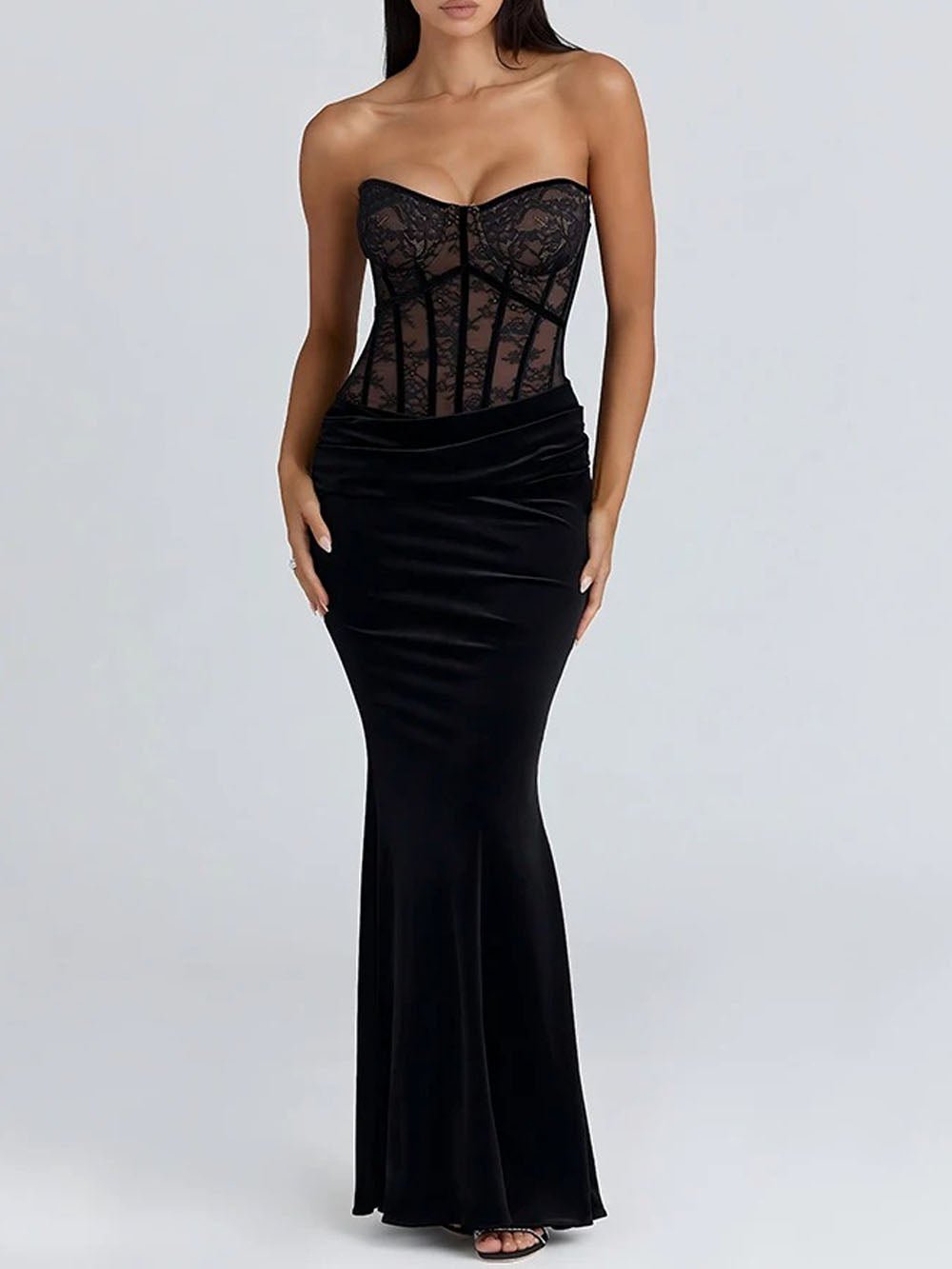 Velvet Long Sleeve Cut Out Lace Corset Mermaid Maxi Dress 3