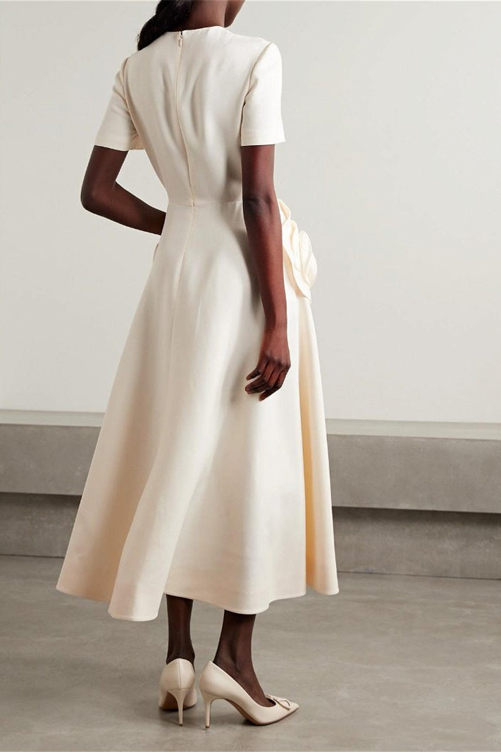 Micaela Minimalist Short Sleeved Midi Dress with Flower Statement Occasion Edit