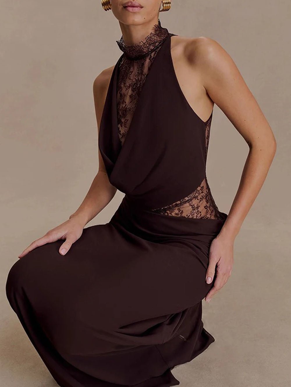 Halter Cowl Neck Lace Inset Cut Out Waist Maxi Gown 4