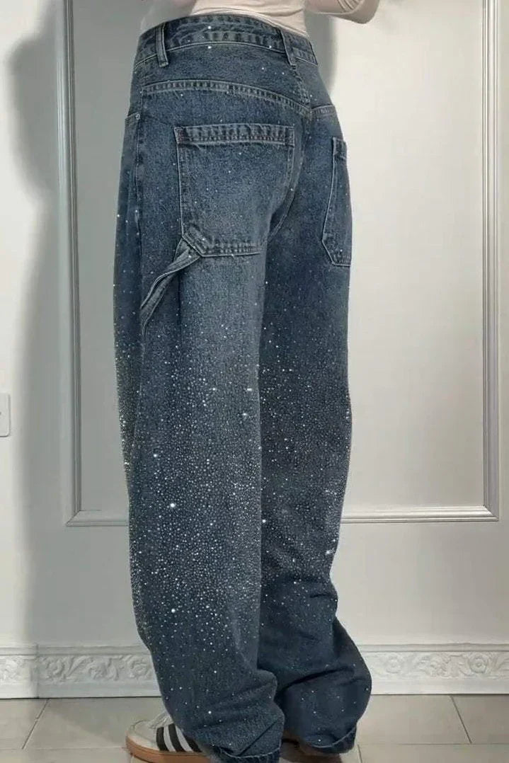 High Waist Rhinestone Wide Leg Baggy Jeans