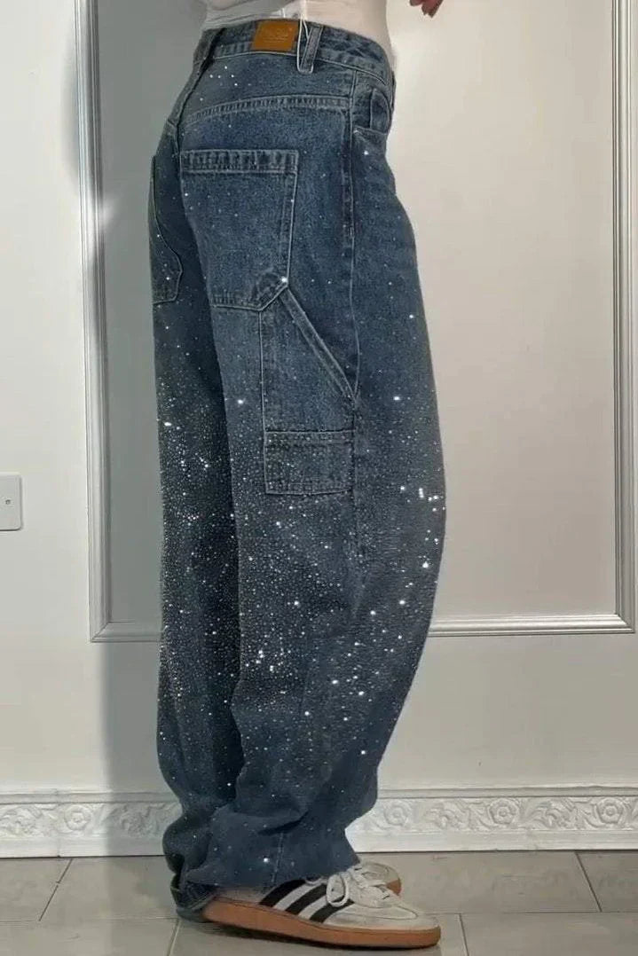 High Waist Rhinestone Wide Leg Baggy Jeans