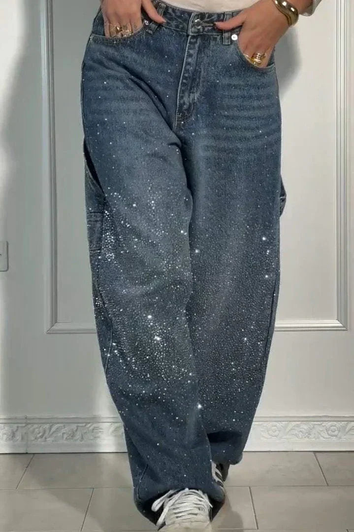 High Waist Rhinestone Wide Leg Baggy Jeans