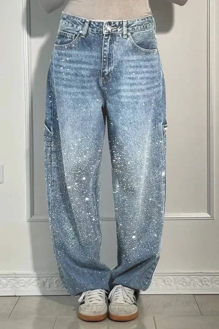 High Waist Rhinestone Wide Leg Baggy Jeans