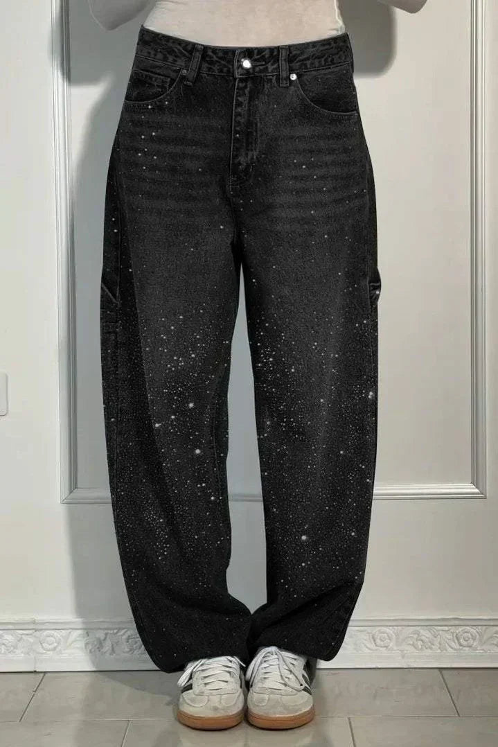 High Waist Rhinestone Wide Leg Baggy Jeans